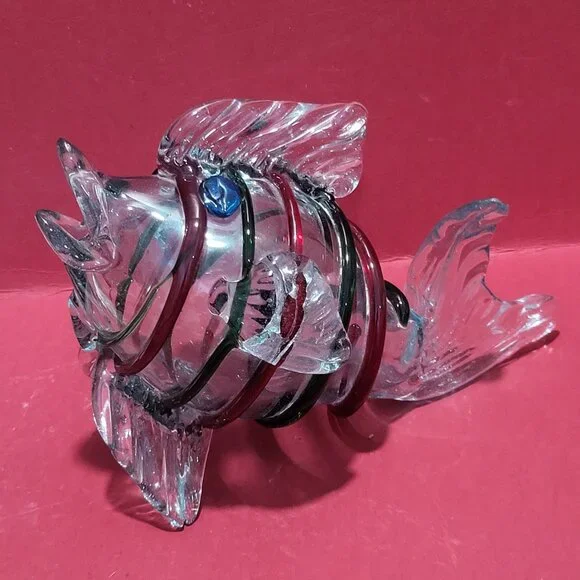 Decorative Fish Sculpture Blown Glass Colorless Red Green Colored Foil Fusions